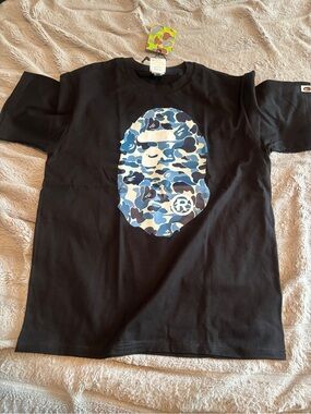 BAPE Mens Black Tee with Blue Camo Ape Head